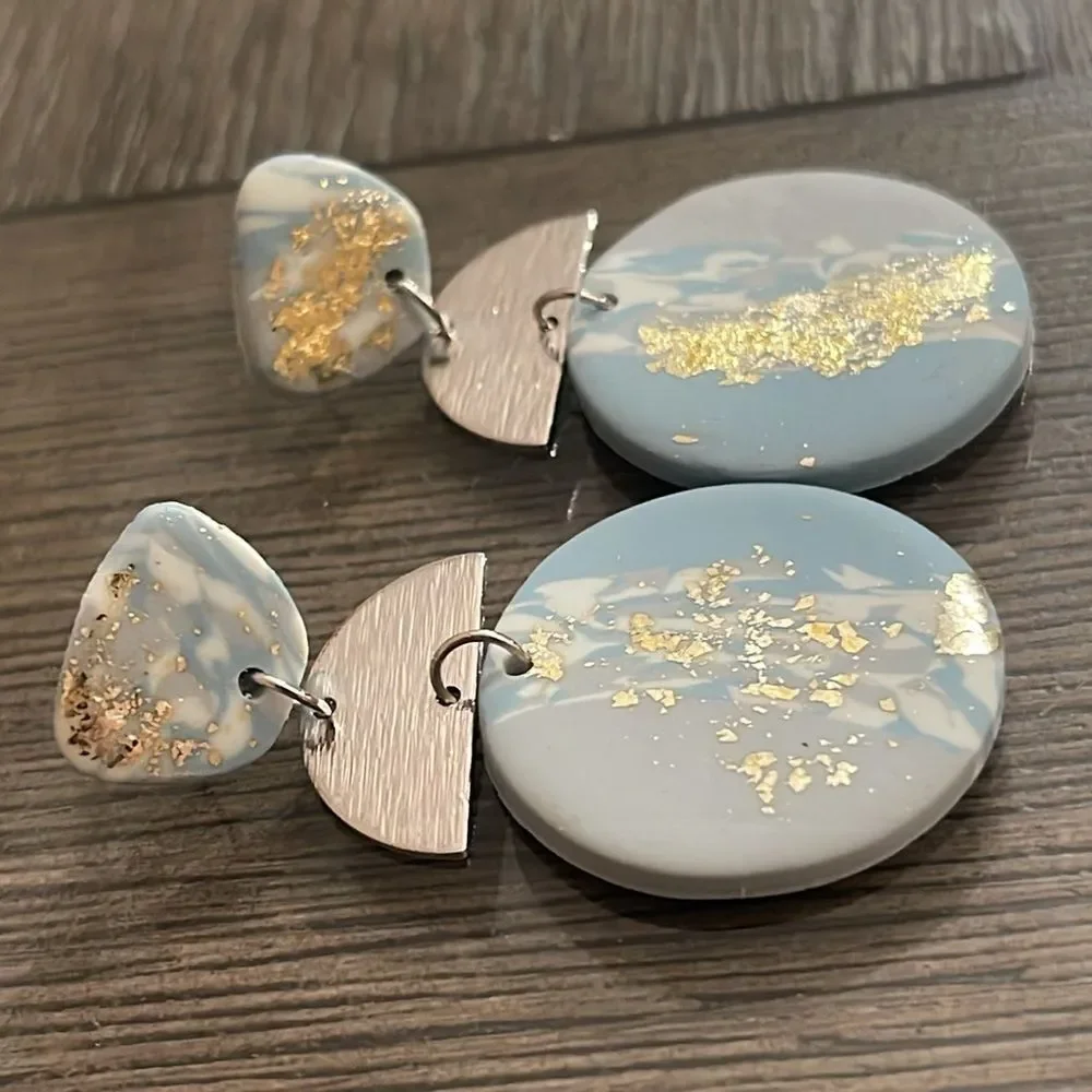 Soft Pottery Material Blue Marbled With Gold Foil Accent Geometric Drop Earrings